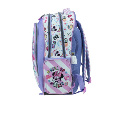 Mochila escolar lilás e azul com Minnie Mouse e padrão listrado