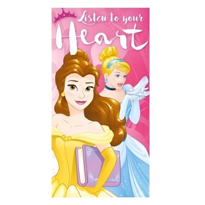 Toalha com princesas Disney Bela e Cinderela, fundo rosa, texto 'Listen to your Heart'