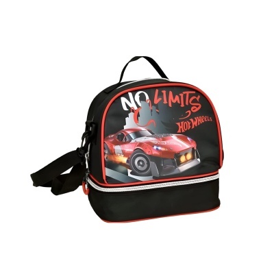Mala infantil preta e vermelha com carro Hot Wheels e texto no limite