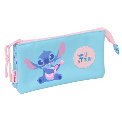 Estojo escolar azul claro com personagem Stitch e fecho rosa