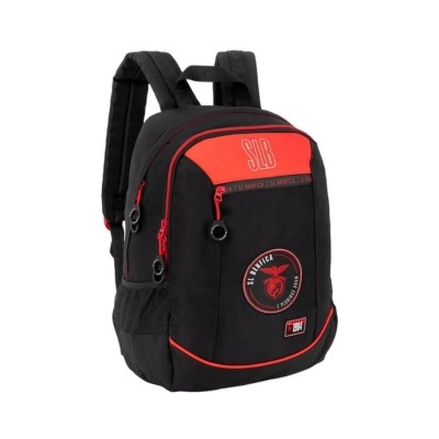 Mochila preta e vermelha com logotipo SLB e alças acolchoadas.