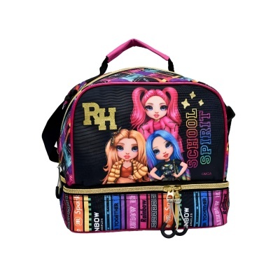 Mochila pequena preta com ilustração de bonecas e texto escolar colorido