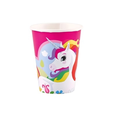 Copo descartável rosa com desenho de unicórnio colorido