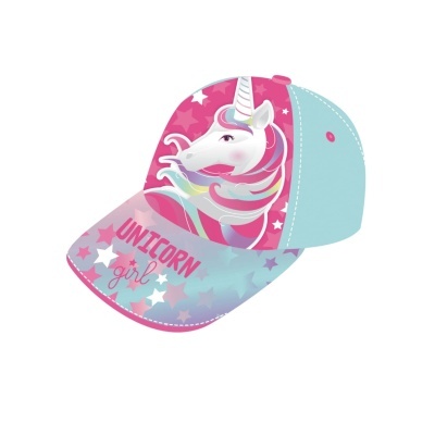 Boné infantil rosa e azul claro com estampa de unicórnio e texto 