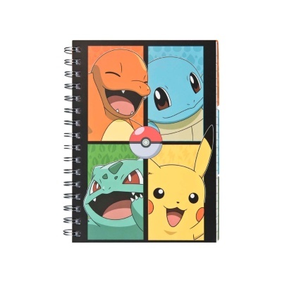 Caderno espiral com capa de personagens Pokémon coloridos.