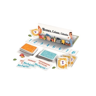 Jogo de tabuleiro Nomes, Coisas, Cidades com cartas e fichas coloridas