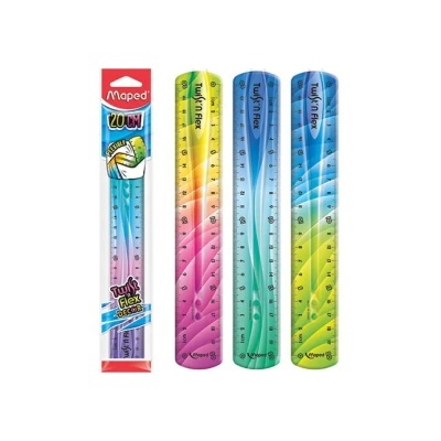 Quatro réguas flexíveis coloridas Maped Twistn Flex com embalagem azul e vermelho