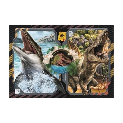 Ilustração de dinossauros em ambientes diferentes com um símbolo central de crânio de dinossauro.