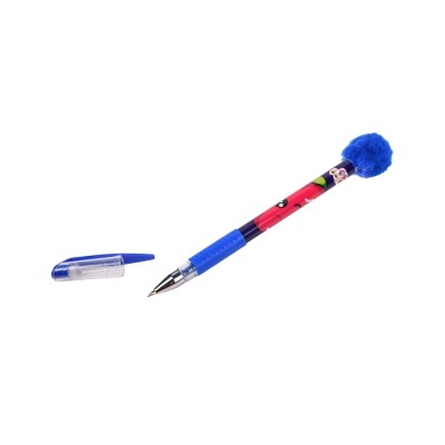 Caneta esferográfica decorada com pompom azul e tampa azul