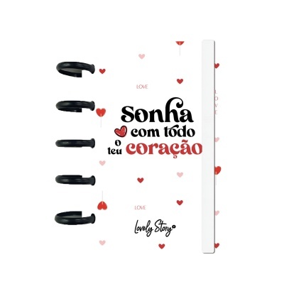 Capa de caderno com design branco, argolas pretas e texto motivacional em português com corações vermelhos