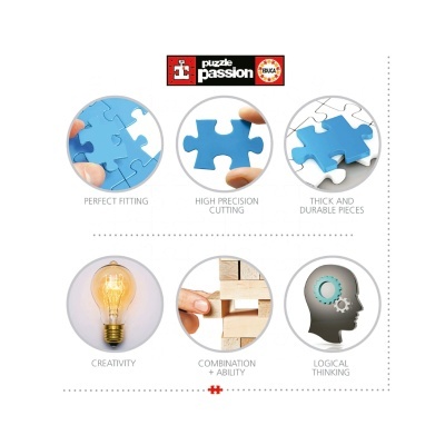 Diagrama ilustrando características e benefícios de peças de puzzle azuis e elementos gráficos representando criatividade e lógica
