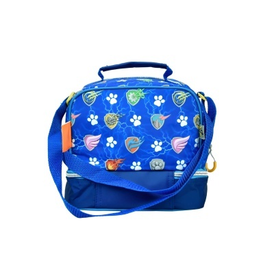 Bolsa azul para lanche com padrão colorido e alça ajustável