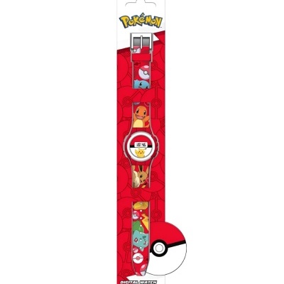 Relógio digital infantil com personagens Pokémon em bracelete vermelho