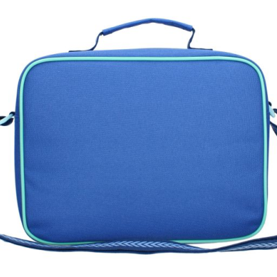 Mala retangular azul com alça e pega superior