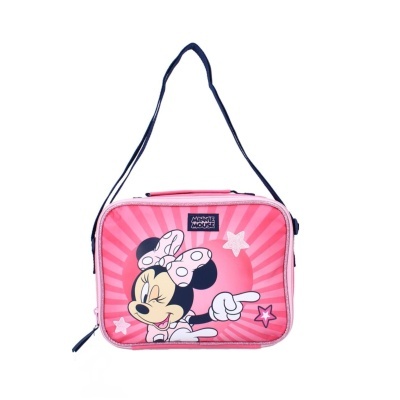 Mala rosa com alça azul com imagem da Minnie Mouse e texto Minnie Mouse