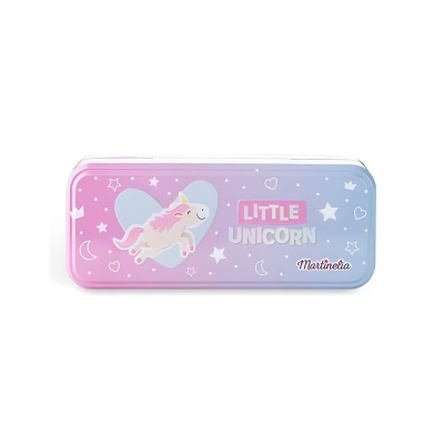 Estojo metálico com desenho de unicórnio e texto Little Unicorn