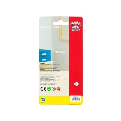 Embalagem traseira da tesoura Play-Doh branca com texto e símbolos de segurança