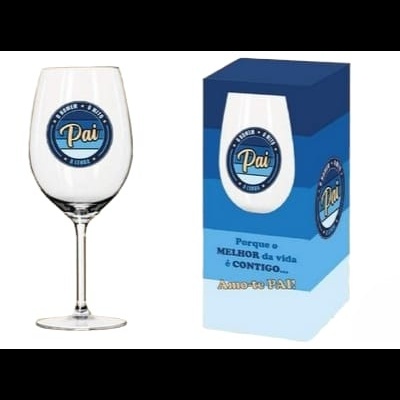 Copo de vinho com selo 'Pai' e embalagem azul com mensagem para o pai