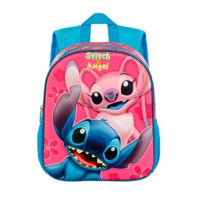 Mochila infantil azul e rosa com personagens Stitch e Angel