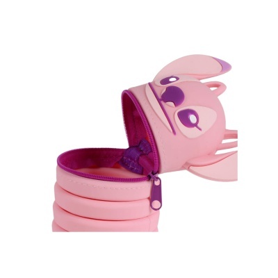 Mochila rosa em forma do personagem Stitch com fecho de correr aberto