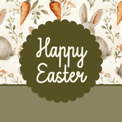 Padrão de coelhos e cenouras com texto Happy Easter