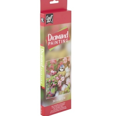 Embalagem de Diamond Painting com imagem de pássaro e flores cor-de-rosa.