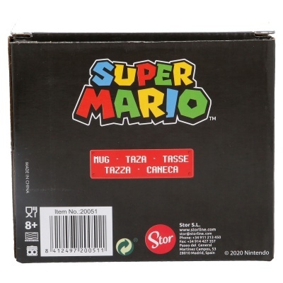 Caixa preta de produto Super Mario com texto em várias línguas e marca Stor