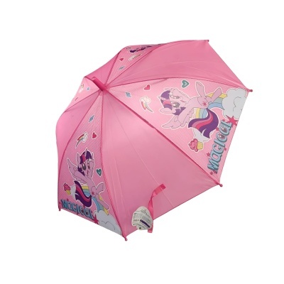 Guarda-chuva infantil rosa com desenhos de unicórnios e texto 'MAGICAL'