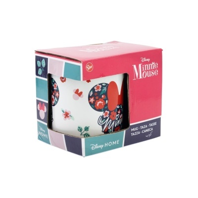 Caneca Disney Minnie Mouse com padrão floral na caixa vermelha e azul