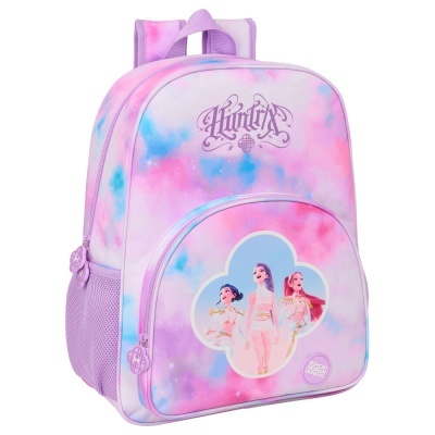 Mochila rosa, lilás e azul com personagens femininas e texto Huntix
