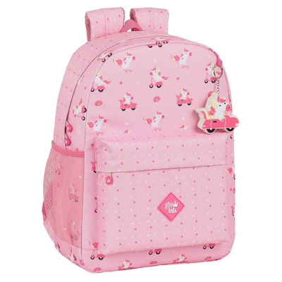 Mochila rosa com unicórnios e bolinhas coloridas, bolso frontal e pendente decorativo