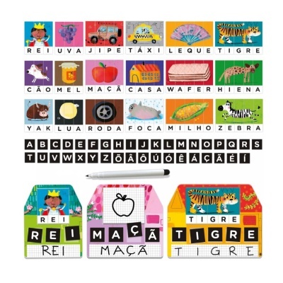 Cartas ilustradas do alfabeto português com palavras e imagens associadas, três casas coloridas com palavras e uma caneta no centro