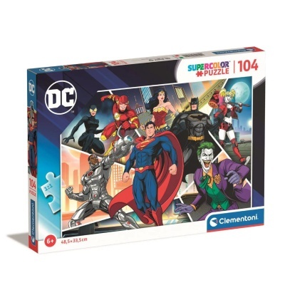 Caixa de puzzle Clementoni com personagens DC Comics sobre fundo azul e branco