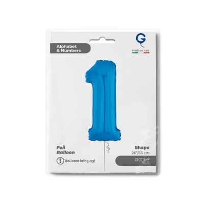 Balão azul em forma do número 1 na embalagem branca
