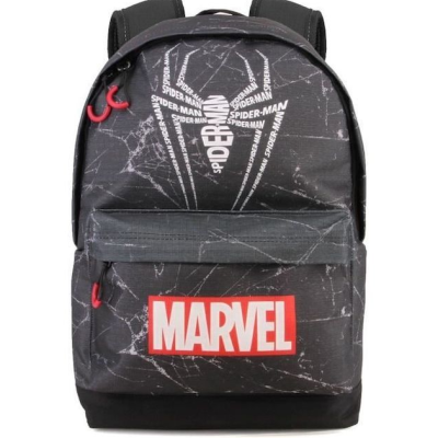 Mochila preta com padrão de teia, logo Spider-Man e etiqueta Marvel