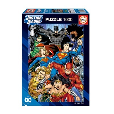 Puzzle 1000 peças Justice League com super-heróis coloridos na embalagem azul