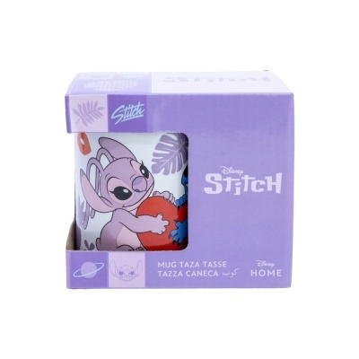 Caneca branca com personagem Stitch da Disney e caixa lilás