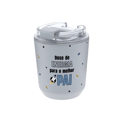 Copo térmico cinzento claro com texto e desenho de foguete