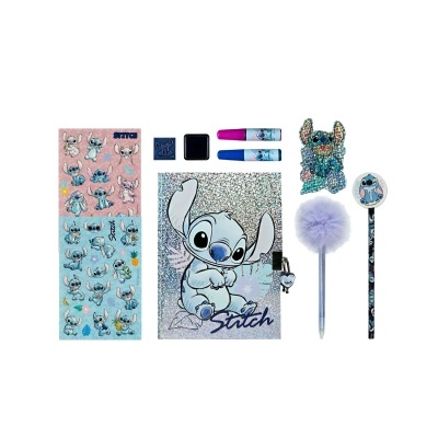 Conjunto de papelaria Stitch com caderno, canetas, lápis, borracha e autocolantes