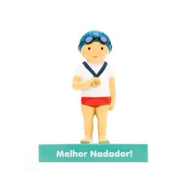 Estatueta de nadador com base verde e texto Melhor Nadador