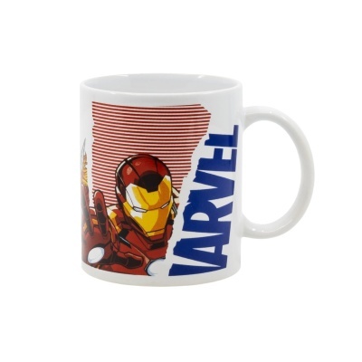 Caneca branca com Homem de Ferro e texto MARVEL azul