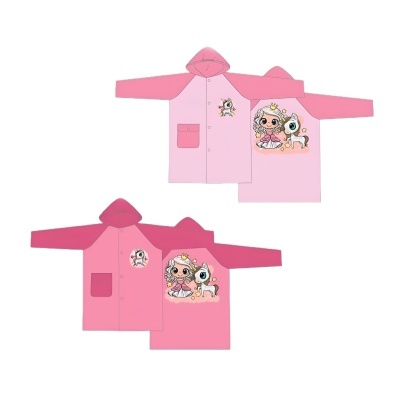 Casacos de chuva infantis rosa com capuz e estampas de personagens animados