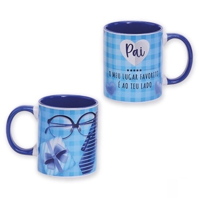 Duas canecas azuis com decoração e texto para Pai