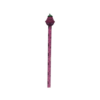 Lápis com topo em forma de beringela sorridente cor-de-rosa