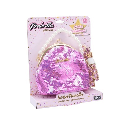 Mala tiracolo rosa com lantejoulas e alça em embalagem rosa