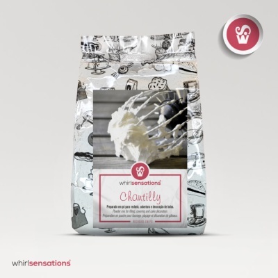 Pacote de pó para Chantilly whirlsensations com design de utensílios de cozinha em fundo cinzento claro