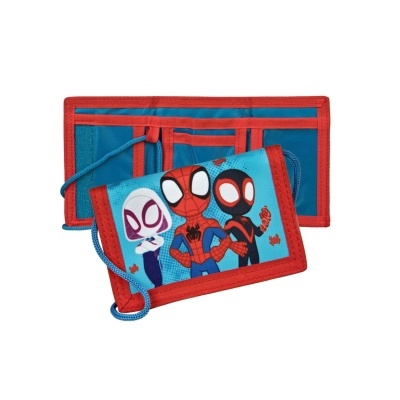 Carteira infantil azul e vermelha com ilustração de personagens do Homem-Aranha