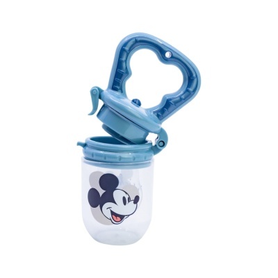 Chupeta de bebé transparente com tampa azul e desenho do Mickey Mouse