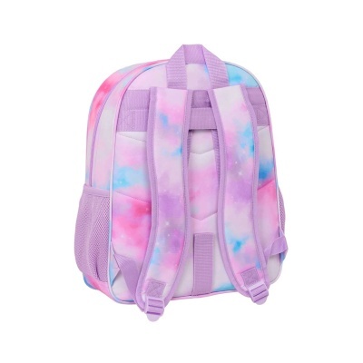 Mochila em tons pastel lilás, rosa e azul vista de trás