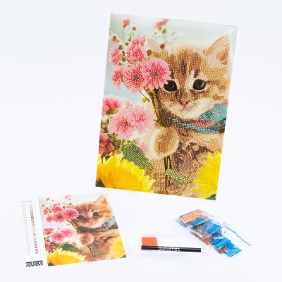 Kit de pintura em diamante com imagem de gato e flores